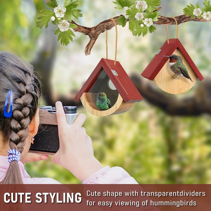 DFANG 2 Pack Hummingbird House, Window View Wooden Bird Houses for Outside Hummingbird Houses for Nesting, Hanging Chickadee House for Indoor Outdoor with Hemp Ropes - Image 3